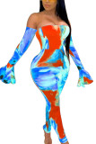 Blue Fashion Sexy Rainbow Print Bateau Neck Off Shoulder Skinny Jumpsuits