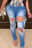 Baby Blue Sexy Solid Ripped High Waist Distressed Denim Jeans