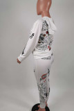 Grey Fashion Casual Adult Print Patchwork Hooded Collar Long Sleeve Regular Sleeve Regular Two Pieces