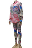 Pink Fashion British Style Adult Print Patchwork Turndown Collar Long Sleeve Regular Sleeve Regular Two Pieces