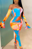 Blue Fashion Sexy Rainbow Print Bateau Neck Off Shoulder Skinny Jumpsuits