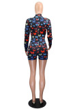 Blauwe mode sexy print patchwork O-hals magere rompertjes
