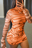 Oranje sexy melkvezel patchwork print patchwork O-hals lange mouw mini A-lijn jurken