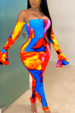 Orange Fashion Sexy Rainbow Print Bateau Neck Off Shoulder Skinny Jumpsuits