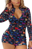 Blauwe mode sexy print patchwork O-hals magere rompertjes