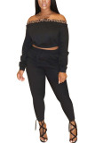 Black Fashion Sexy Adult Patchwork Solid Patchwork Bateau Neck Long Sleeve Off The Shoulder Short Two Pieces
