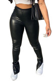 Pantaloni con taglio a stivaletto a fessura solida in ecopelle per adulti sexy alla moda nera