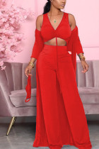 Red Casual Solid Fold Long Sleeve Two Pieces