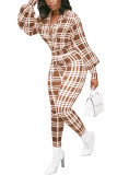 Khaki Fashion Casual Adult Plaid Turndown Collar Skinny Jumpsuits