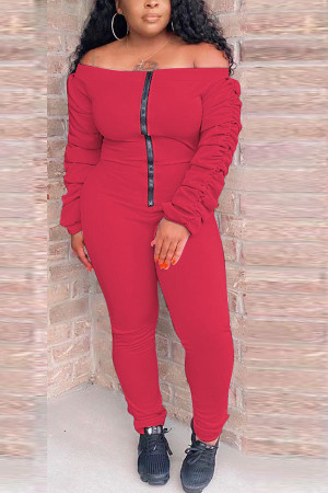 Red Casual Fiber Solid Fold Bateau Neck Skinny Jumpsuits