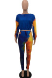 Blaue Sportswear Pit Article-Stoffe, bedruckt, O-Ausschnitt, lange Ärmel, normale Ärmel, kurz, zweiteilig