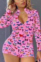 Pink Fashion Sexy Print Patchwork O Neck Skinny Rompers