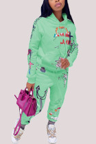 Verde Moda Casual Stampa per adulti Patchwork Colletto con cappuccio Manica lunga Manica normale Due pezzi regolari