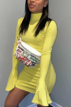 Желтые модные сексуальные взрослые молочные волокна однотонные лоскутные водолазки с длинным рукавом мини-платья трапециевидной формы