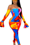 Orange Fashion Sexy Rainbow Print Bateau Neck Off Shoulder Skinny Jumpsuits