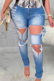 Baby Blue Sexy Solid Ripped High Waist Distressed Denim Jeans