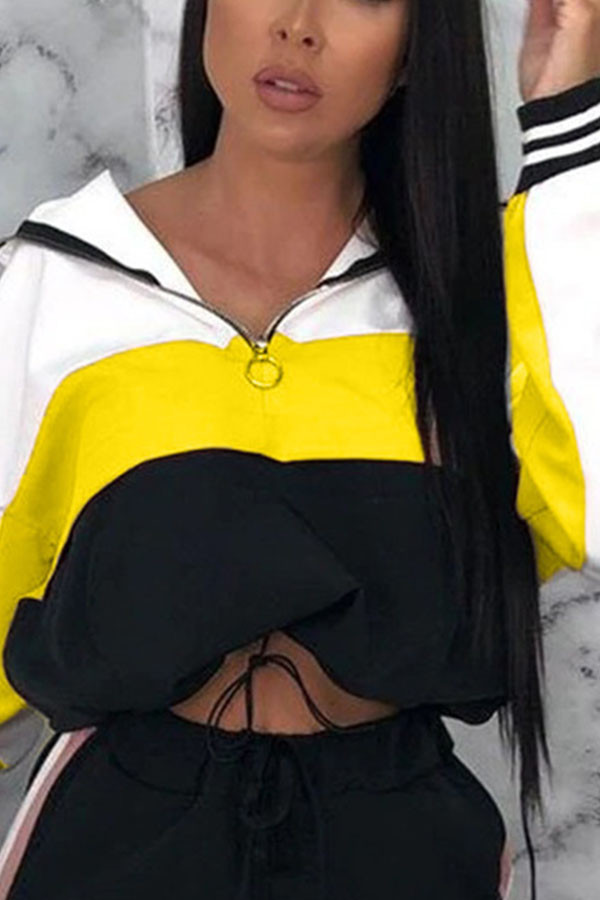 Yellow Sportswear Print Hooded Collar Tops