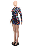 Blue Fashion Sexy Print Patchwork O Neck Skinny Rompers