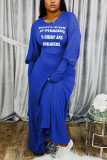 Blauwe mode casual volwassen brief print letter O hals lange mouw vloer lengte bedrukte jurk jurken