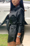 Schwarze Mode Street Adult Faux Leather Solid mit Gürtel Umlegekragen Oberbekleidung