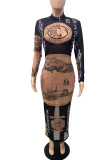Черные платья-юбка-карандаш длиной до щиколотки с круглым вырезом и принтом из спандекса с длинными рукавами