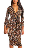 Leopard print Fashion Sexy Adult Leopard Patchwork Turndown Collar Long Sleeve Knee Length Pencil Skirt Dresses