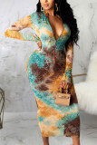 multicolor Fashion Sexy Adult Print Patchwork O Neck Long Sleeve Mid Calf Pencil Skirt Dresses