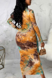 multicolor Fashion Sexy Adult Print Patchwork O Neck Long Sleeve Mid Calf Pencil Skirt Dresses