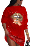 Robes mini jupe crayon à manches longues et col rond imprimé décontracté rouge