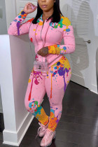 Rosa moda casual stampa per adulti coulisse colletto con cappuccio manica lunga manica regolare due pezzi regolari