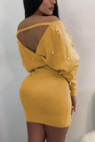 黄色のファッションセクシーな大人群がっ固体小帯バトーネック長袖膝丈ラップスカートドレス