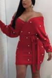 Red Fashion Sexy Adult Flocking Solid Frenulum Bateau Neck Long Sleeve Knielänge Wickelrock Kleider