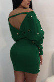 Vert Mode Sexy Adulte Flocage Solide Frenulum Bateau Cou À Manches Longues Au Genou Enveloppé Jupe Robes