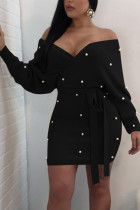 Черная мода сексуальная взрослая стекается твердая уздечка Бато шеи с длинным рукавом длиной до колен завернутая юбка платья
