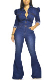 Голубой сексуальный джинсовый сплошной воротник с отложным воротником на пуговицах размера плюс