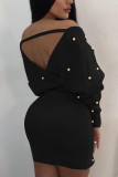 Brown Fashion Sexy Adult Flocking Solid Frenulum Bateau Neck Long Sleeve Knee Length Wrapped Skirt Dresses