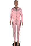 Pink Fashion Sportswear Adult Polyester Solid Draw String Hooded Collar Long Sleeve Regular Sleeve Regular Two Pieces