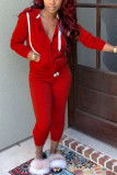 Red Fashion Sportswear Adult Polyester Solid Draw String Hooded Collar Long Sleeve Regular Sleeve Regular Two Pieces