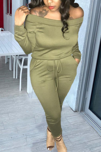 Army Green Fashion Casual Adult Solid Patchwork Bateau Neck Long Sleeve Off The Shoulder Regular Two Pieces