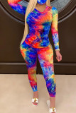 Yellow Fashion Sexy Adult Print Patchwork Tie-dye O Neck Long Sleeve Regular Sleeve Regular Two Pieces
