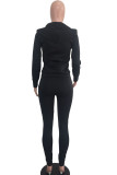 Black Fashion Sportswear Adult Solid Draw String Hooded Collar Long Sleeve Regular Sleeve Regular Two Pieces