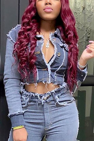 Grey Fashion Casual Long-sleeved Raw Hem Denim Jacket