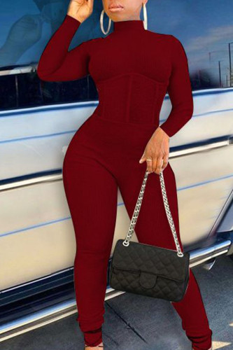 Wine Red Sexy Polyester Solid Jumpsuits