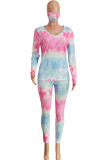 Blue Fashion Sexy Adult Print Patchwork Tie-dye O Neck Long Sleeve Regular Sleeve Regular Two Pieces