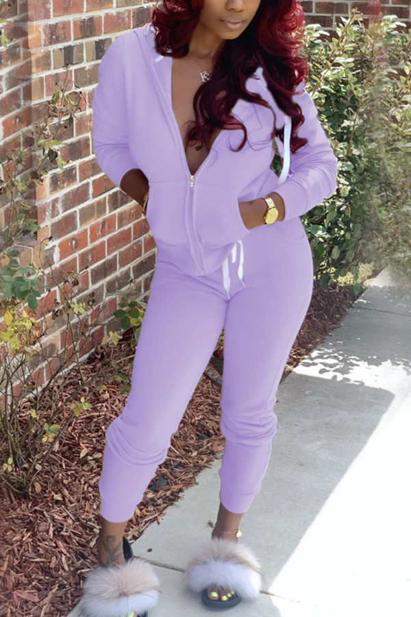 Фиолетовая модная спортивная одежда для взрослых, однотонный воротник с капюшоном и длинным рукавом, обычный рукав, обычные две части