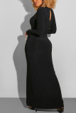 Vestidos de falda lápiz hasta el tobillo de manga larga con cuello redondo transparentes de parches lisos de fibra de leche Sexy negro