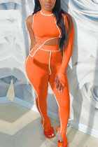 Orange Mode Sexy Erwachsene Solide Patchwork Rollkragen Langarm Eine Schulter Regelmäßige Zwei Stücke