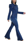 Темно-синий сексуальный джинсовый сплошной воротник с отложным воротником на пуговицах размера плюс
