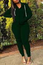 Vert foncé vêtements de sport à la mode adulte solide cordon de serrage col à capuche manches longues manches régulières régulier deux pièces