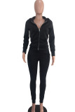Black Fashion Sportswear Adult Polyester Solid Draw String Hooded Collar Long Sleeve Regular Sleeve Regular Two Pieces